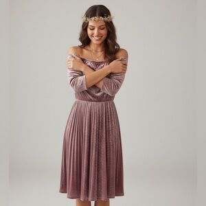 Leezeshaw Dress Medium Off Shoulder Boat Neck 3/4 Sleeve Empire Pleated Velvet.